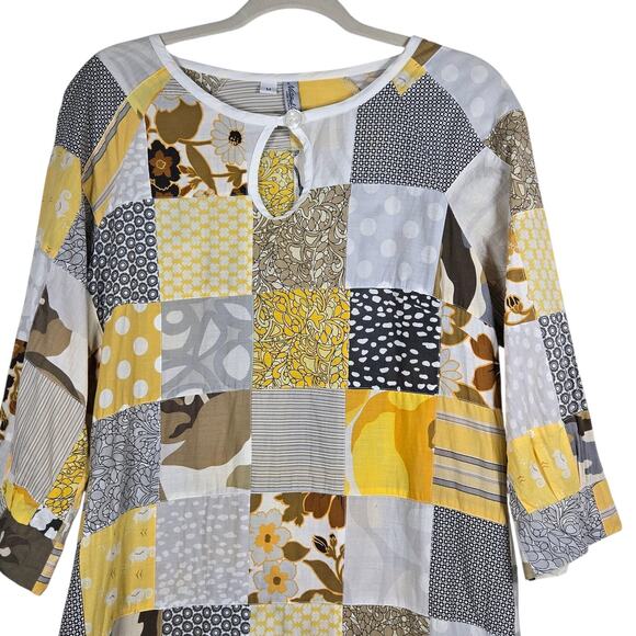 National Picnic Dress Womens Medium Yellow Patchwork 3/4 Sleeve Made in USA - Picture 2 of 11